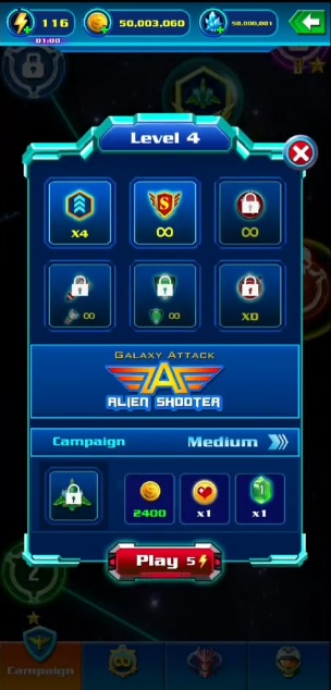 Mở khóa các vật phẩm mỗi level trong Galaxy Attack Alien Shooter MOD APK