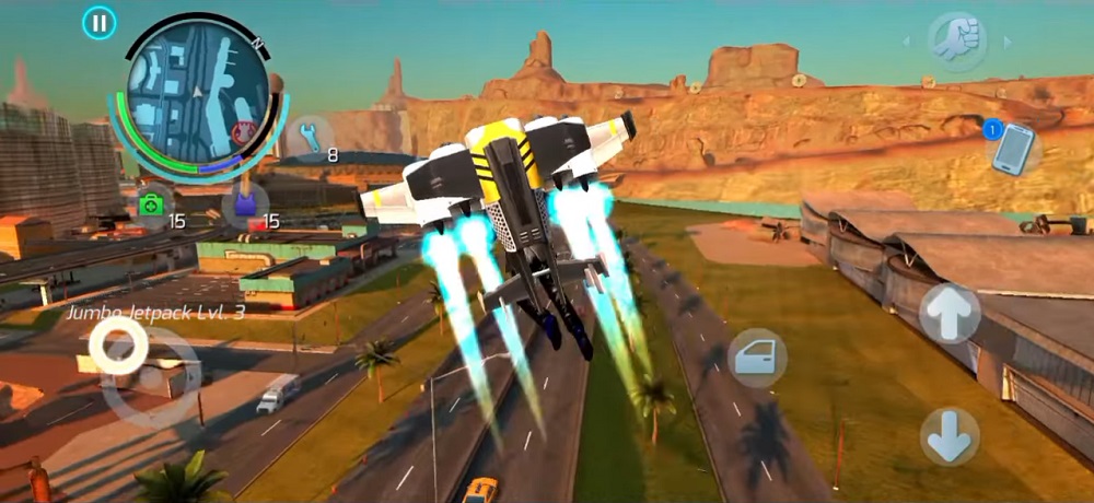 Sử dụng tên lửa phản lực bay trên bầu trời ở Gangstar Vegas MOD APK