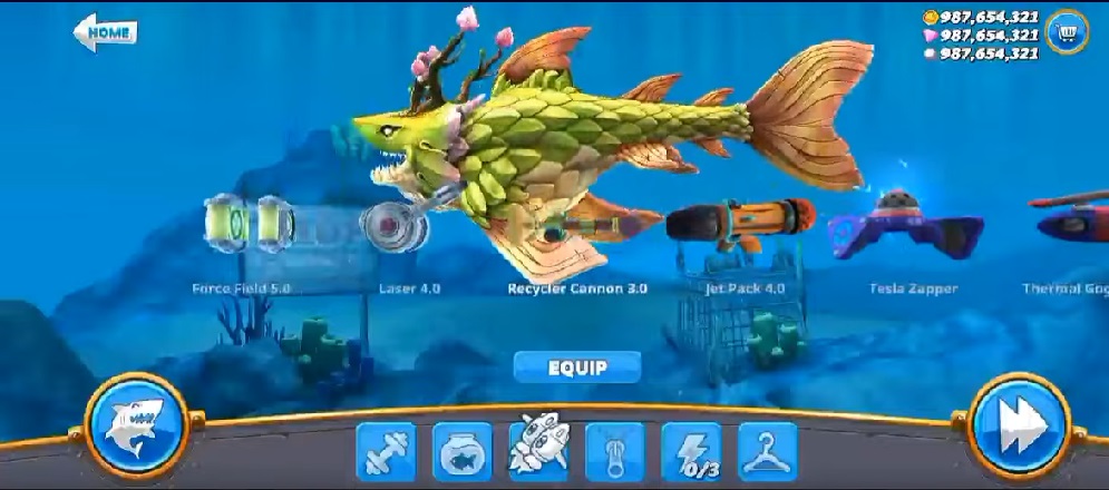 Equip powerful weapons and upgrade your fish