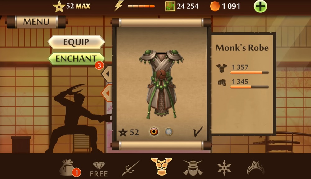 Equip armor and weapons in the training room in Shadow Fight 2 MOD APK