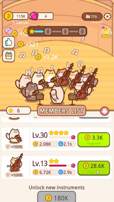 Upgrade and recruit more cats in Idle Cat Live Concert MOD APK