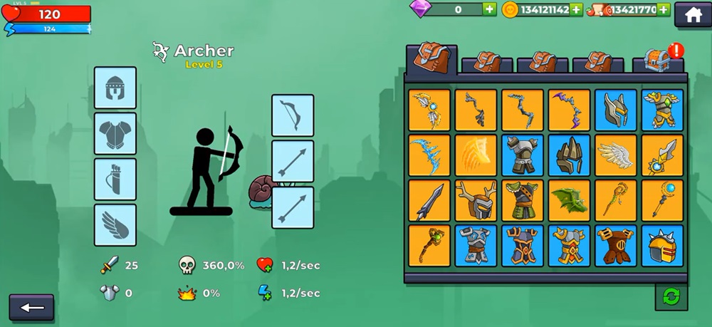 Variety of equipment in The Archers 2 MOD APK