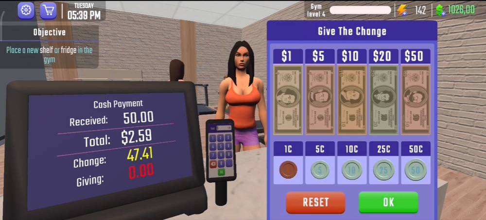 Return change to customers in Gym Simulator 3D Fitness Store MOD APK