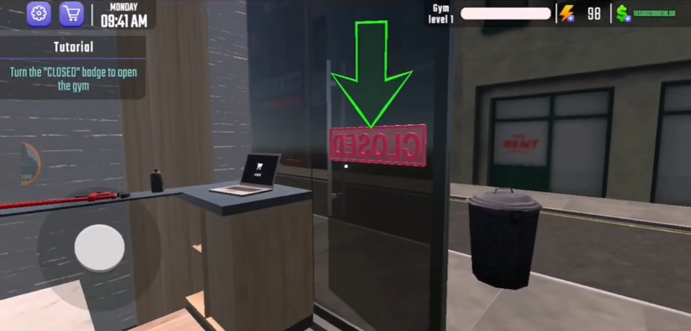 Open the door to welcome guests in Gym Simulator 3D Fitness Store MOD APK