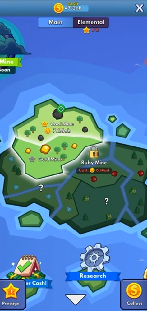 Use the map to find resource mines to exploit, and unlock other mines in Idle Miner Tycoon MOD APK.