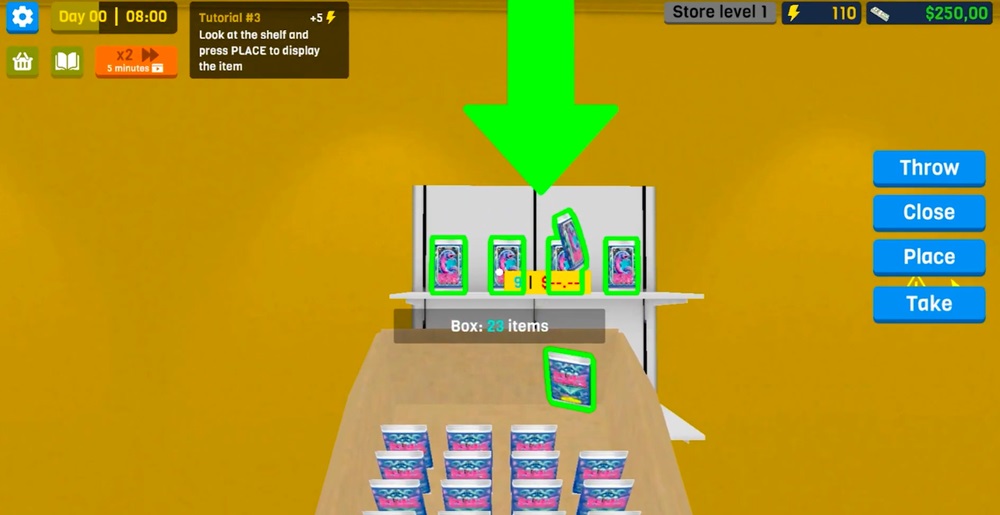 Arrange cards on shelves to sell in Manage TCG Card Mart Simulator MOD APK