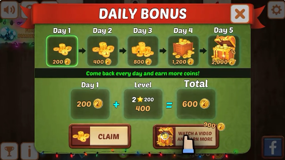 Check in every day to double the amount of money received or complete tasks to receive rewards in Okey MOD APK.