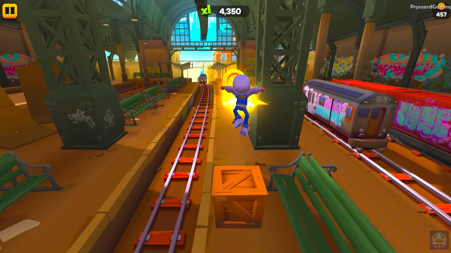 Run on the sidewalk to avoid the trains on the road Subway Surfers City MOD APK.