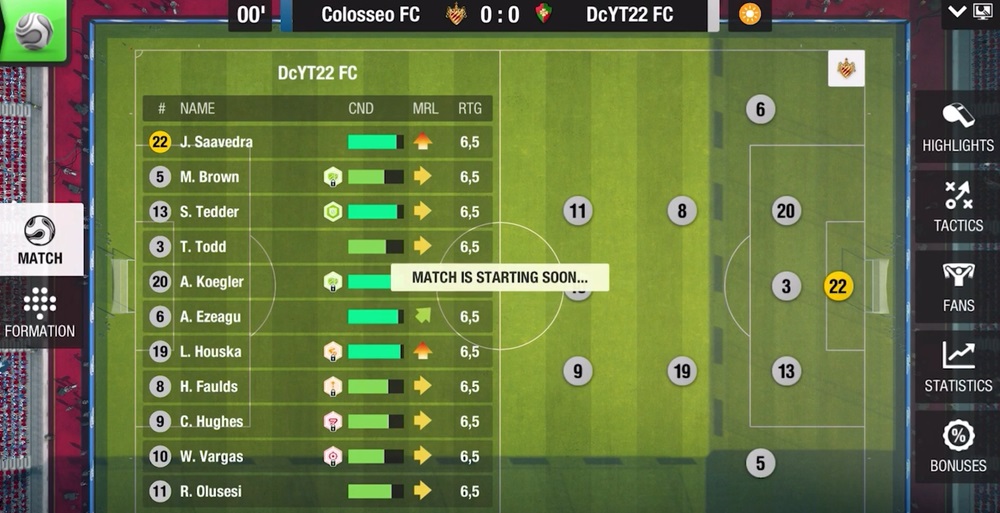 Check the players' fitness before starting the match in Top Eleven Be a Soccer Manager MOD APK