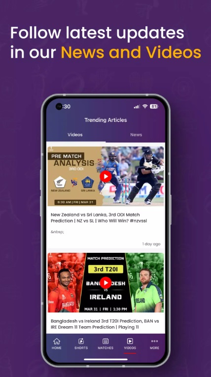 Full updates and latest news about matches through videos in Cricket Line Guru MOD APK