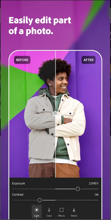 Explore the function of editing part of the photo for easy comparison in Lightroom MOD APK