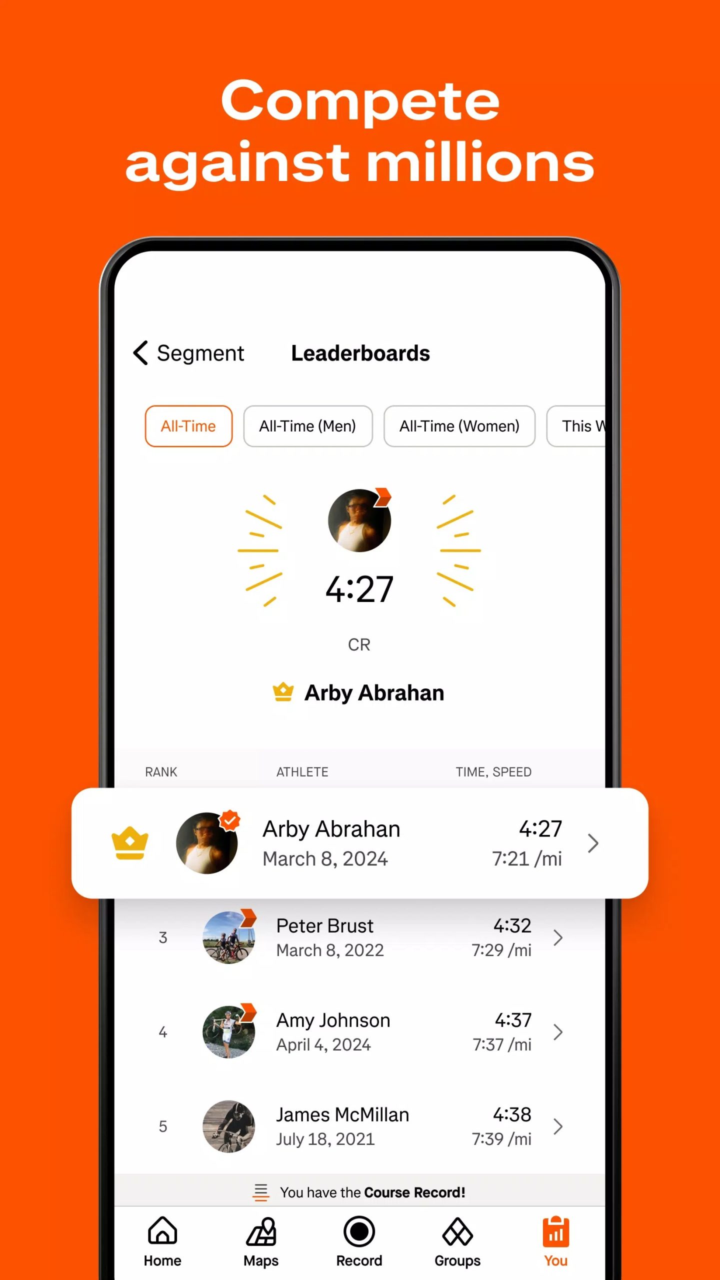 Embark on a journey to conquer high positions on the leaderboards in Strava MOD APK