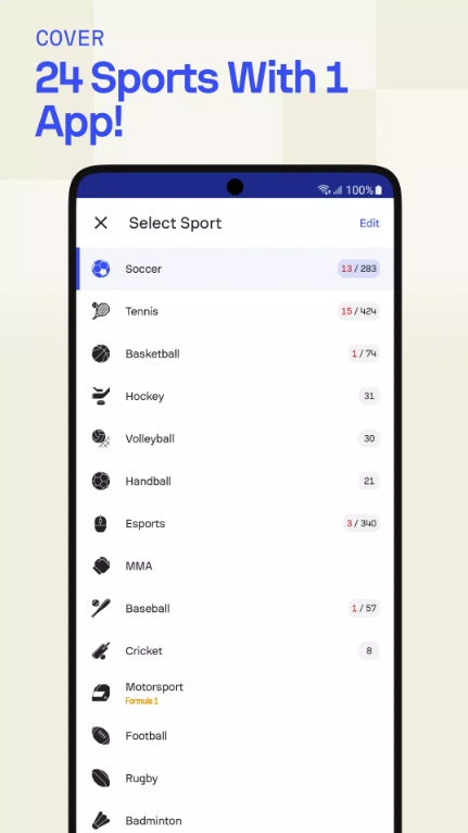 Explore matches of 24 different sports in Sofascore MOD APK